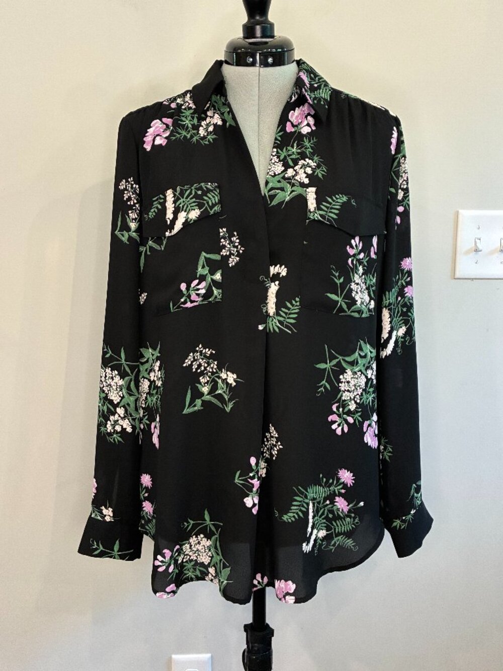 Ann Taylor Factory Floral Open Front Jacket Black Pink Green Botanical M 0340
